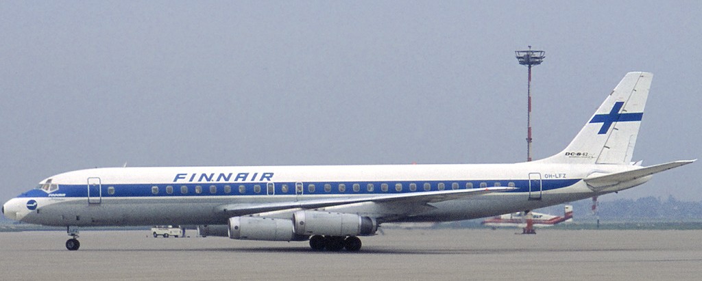 McDONNELL DOUGLAS DC-8/62, PREFIXO OH-LFZ, DA COMPANHIA FINLANDESA FINNAIR, FOTOGRAFADO NO AEROPORTO DE DUSSELDORF (ALEMANHA), DIA 13 DE OUTUBRO DE 1979.