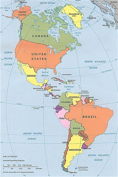 Mapa político das Américas desenvolvido pela CIA - CRÉDITOS: http://pt.wikipedia.org/wiki/Ficheiro:N%26SAmerica-pol.jpg