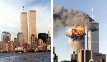 O World Trade Center antes (visto do Rio Hudson) e depois (www.portalbrasil.net)
