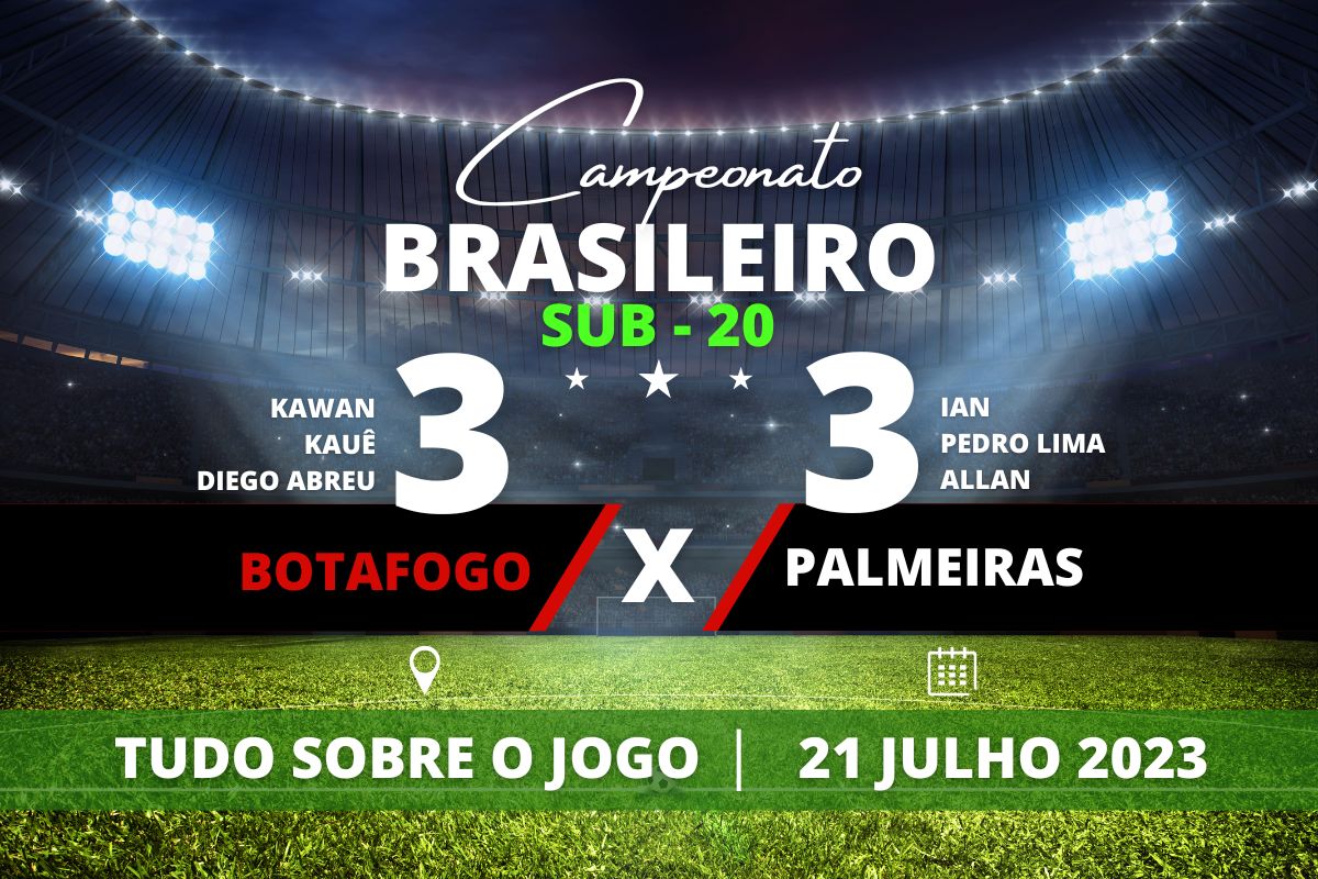 Botafogo 3 x 3 Palmeiras - Jogo movimentado com todos os 6 gols marcados no primeiro tempo com empate de 3 a 3 entre Botafogo e Palmeiras em jogo de ida de Playoff de Quartas de Final do Campeonato Brasileiro Sub 20 2023.