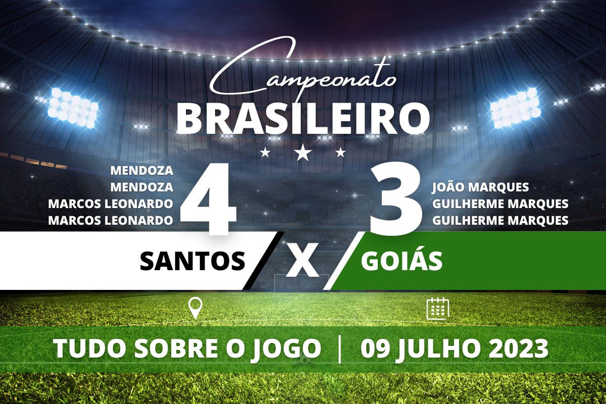 Santos 4 x 3 Goiás - Na Vila Belmiro, em partida movimentada o Santos leva a melhor com gol de Mendoza aos 47' do segundo e sai do sufoco com vitória por 4 a 3 em cima do Goiás em jogo válido pela 14° rodada do Campeonato Brasileiro.