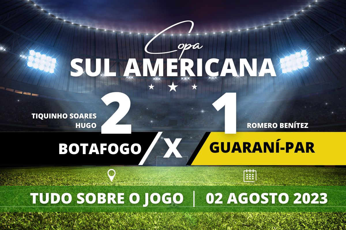 Botafogo 2 x 1 Guaraní PAR - No Engenhão, Botafogo sai atrás no placar mas vira com golaço de Hugo e pênalti marcado por Tiquinho Soares que entrou no segundo tempo e ajudou o Glorioso a abrir vantagem para o jogo de volta das Oitavas de Final da Copa Sul Americana 2023.