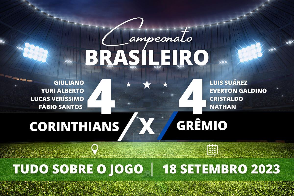 Corinthians 4 x 4 Grêmio - Em jogo de duas viradas e oito gols, Timão e Tricolor Gaúcho empatam em Itaquera. 