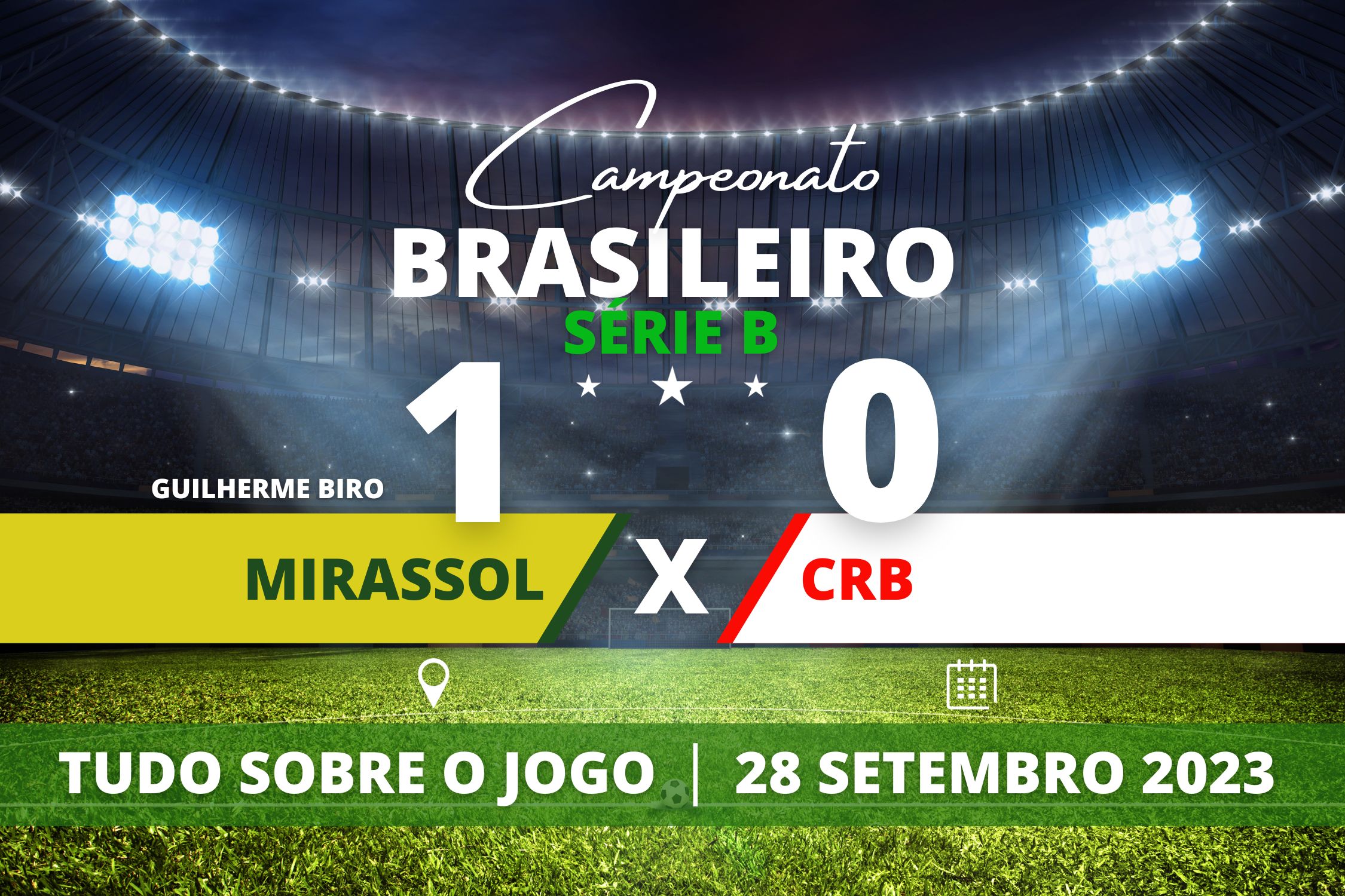 Mirassol 1 x 0 CRB - Em casa, Mirassol criou as melhores chances e Guilherme Biro fez o gol da vitória contra o CRB em partida válida pela 30° rodada do Campeonato Brasileiro da Série B.