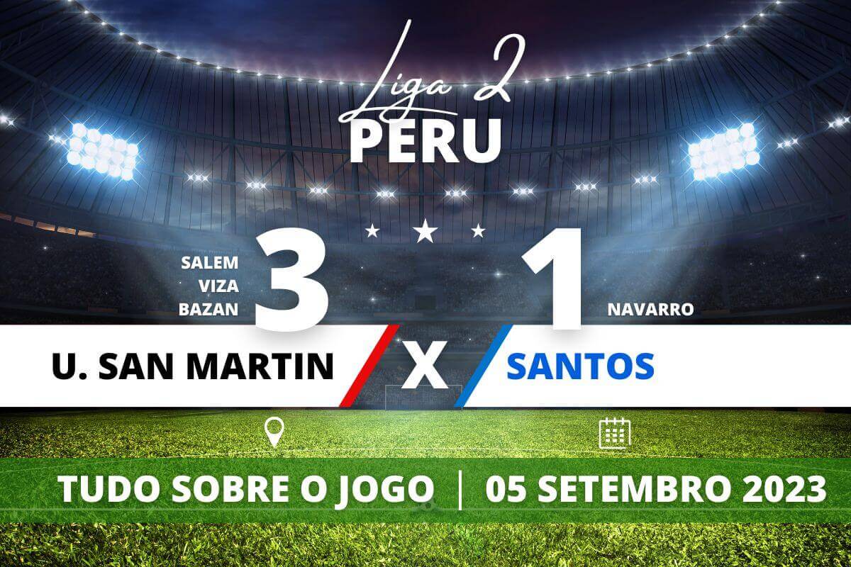 U. San Martin 3 x 1 Santos - 23ª Rodada - Liga 2 - Peru - Gols: Navarro (Santos) aos 1' do 1° tempo, Bazan (U. San Martin) aos 34' do 1° tempo, Viza (U. San Martin) aos 39' do 1° tempo e Salem (U. San Martin) aos 45' do 2° tempo.