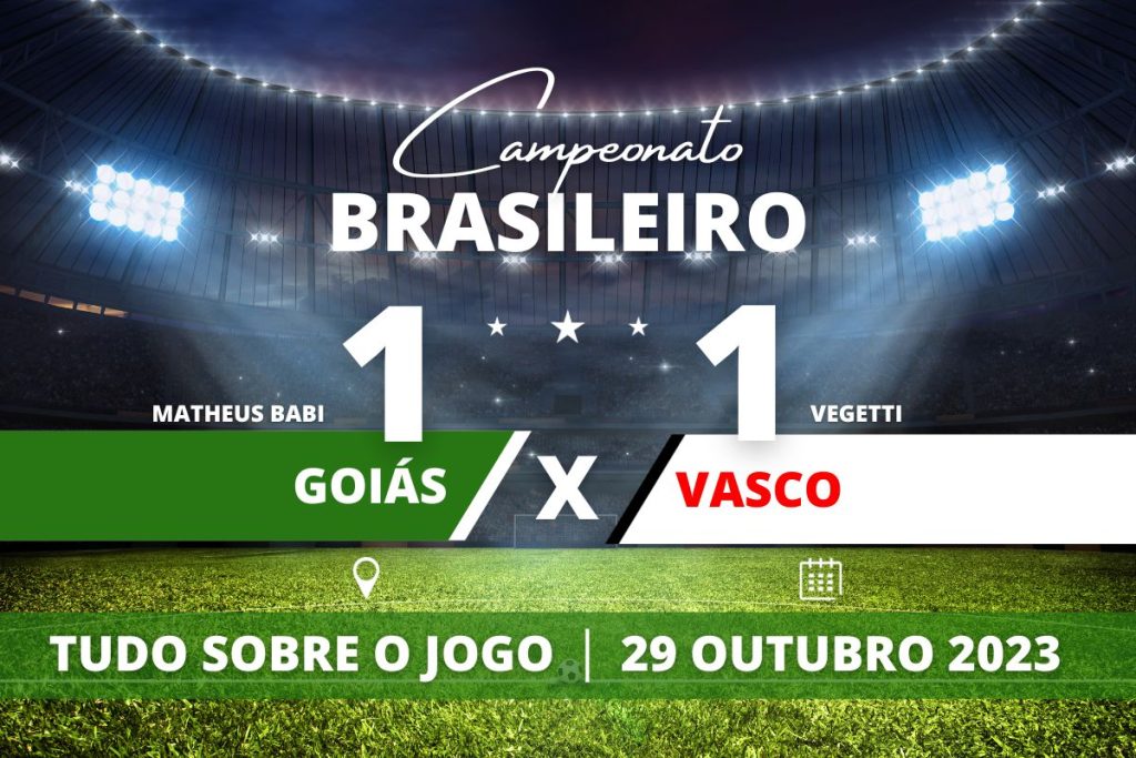 Goiás 1 x 1 Vasco - Na Serrinha, Vasco sai na frente com gol de Vegetti, que foi expulso aos 44' do segundo tempo desestabilizando o time que cede empate ao 46' com gol de Matheus Babi do Goiás em partida válida pela 30° rodadado Campeonato Brasileiro. Os dois times seguem na zona de ebaixamento.