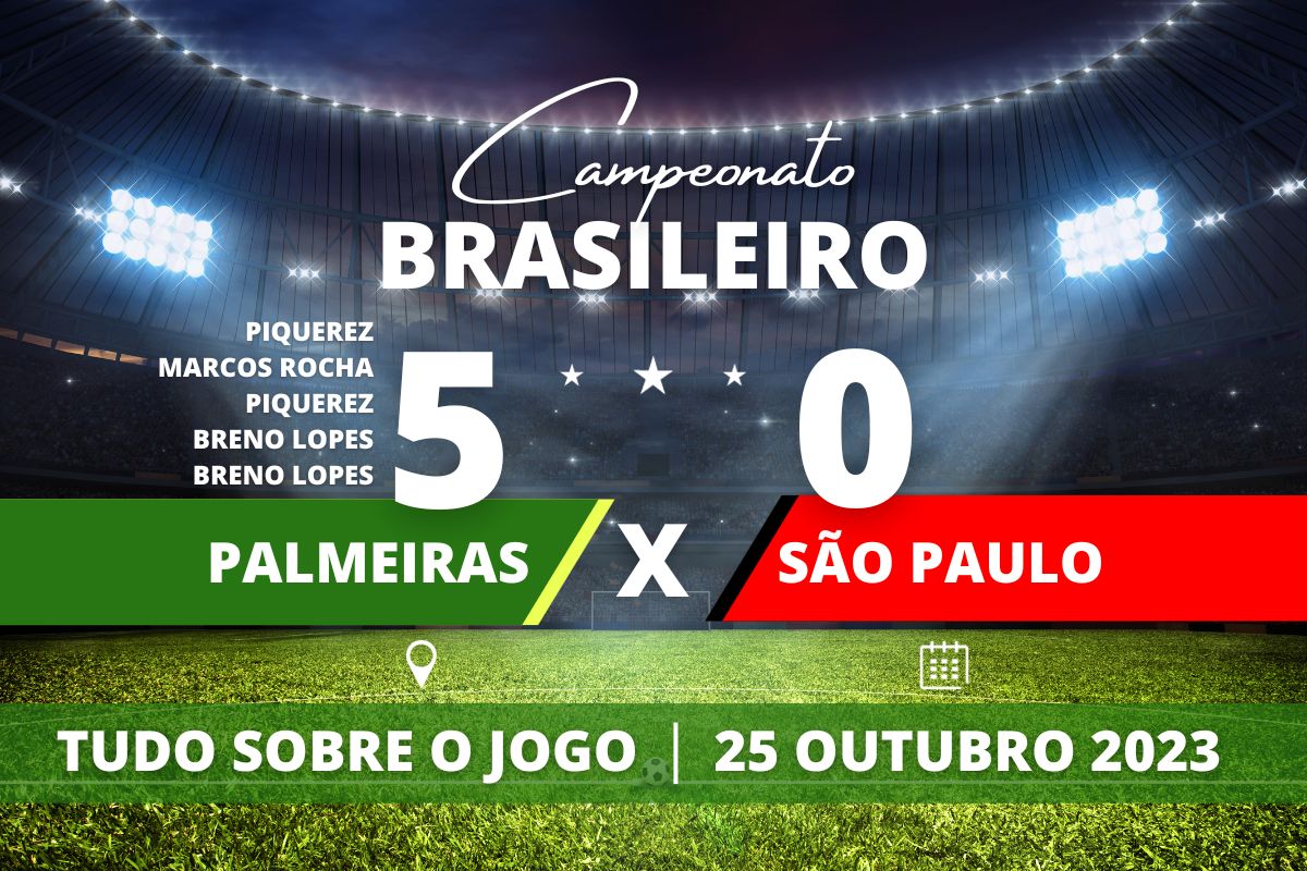 Palmeiras 5 x 0 São Paulo - No Allianz Parque, Palmeiras passeia e vence de goleada o São Paulo por 5 a 0 passando a ser o time com mais vitórias na história do Campeonato Brasileiro. Partida válida pela 29° rodada.