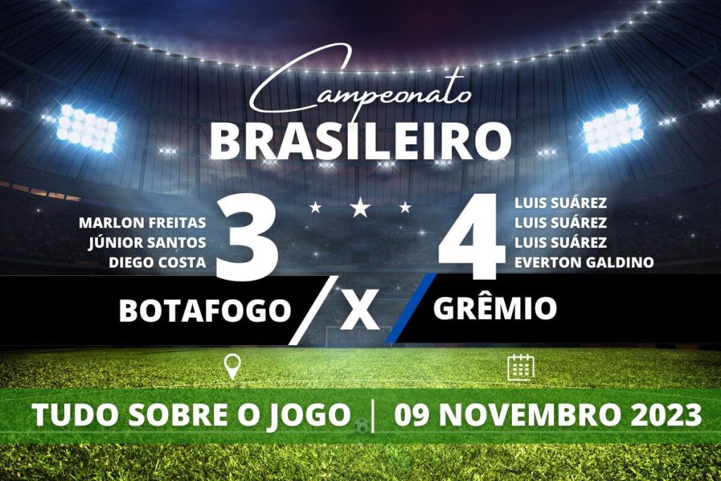 Botafogo 3 x 4 Grêmio - Em São Januário, o Grêmio vence o Botafogo com três gols de Luis Suárez, chega à quinta vitória consecutiva no Campeonato Brasileiro e se aproxima da ponta assumindo a vice-liderança.