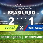 Cuiabá 2 x 1 Fortaleza - Já na Arena Pantanal, Cuiabá vence o Fortaleza por 2 a 1 e vê chances de ser rebaixado diminuírem cada vez mais. Partida válida pela 34° rodada do Campeonato Brasileiro.