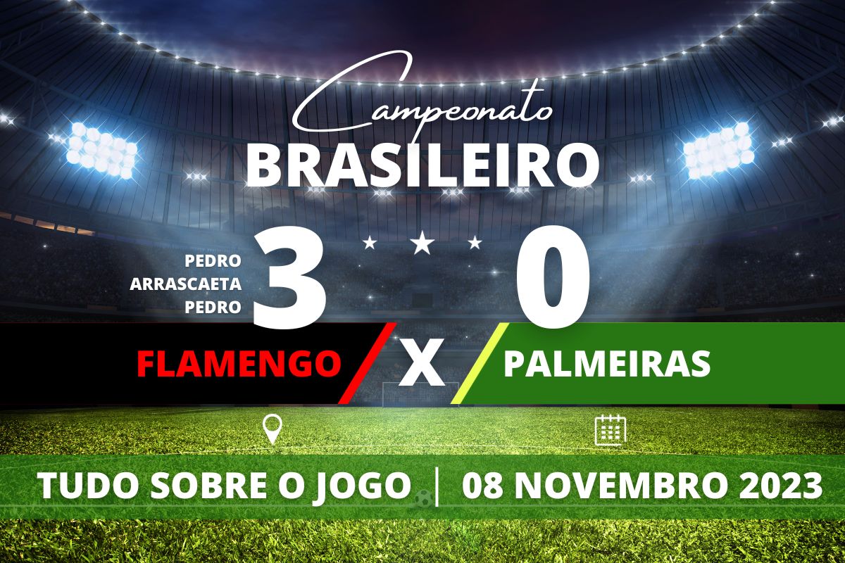 Flamengo 3 x 0 Palmeiras - No Maracanã, Flamengo vence por 3 a 0 o Palmeiras com dois gols de Pedro e um de Arrascaeta e encosta no G-4 assumindo a 5° posição da tabela na noite desta quarta-feira, em partida válida pela 33° rodada do Cameponato Fluminense.