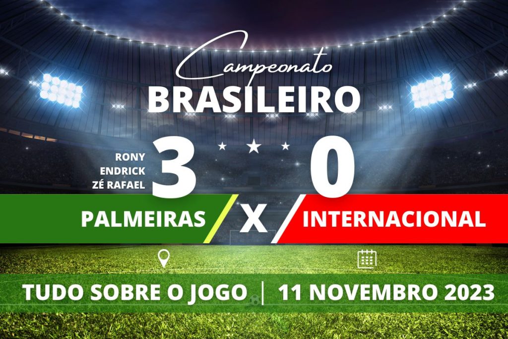 Palmeiras 3 x 0 Internacional - É líder! Na Arena Barueri, Palmeiras vence o Inter por 3 a 0, soma 62 pontos e assume a liderença do campeonato na noite deste sábado, levando a torcida, que gritava "olé", a dar show nas arquibancadas.